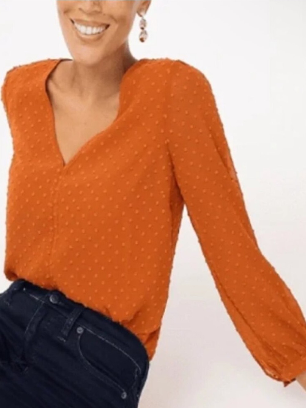 J. Crew Rust Pumpkin Orange Swiss Dot Long Sleeve Pullover Blouse